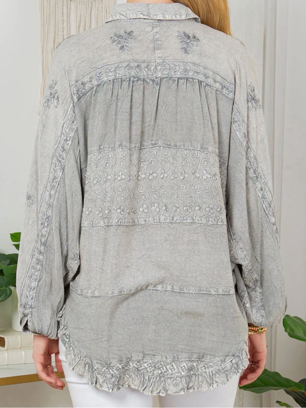 Elegant Gray Embroidered Button Down Shirt - Picture 4 of 13